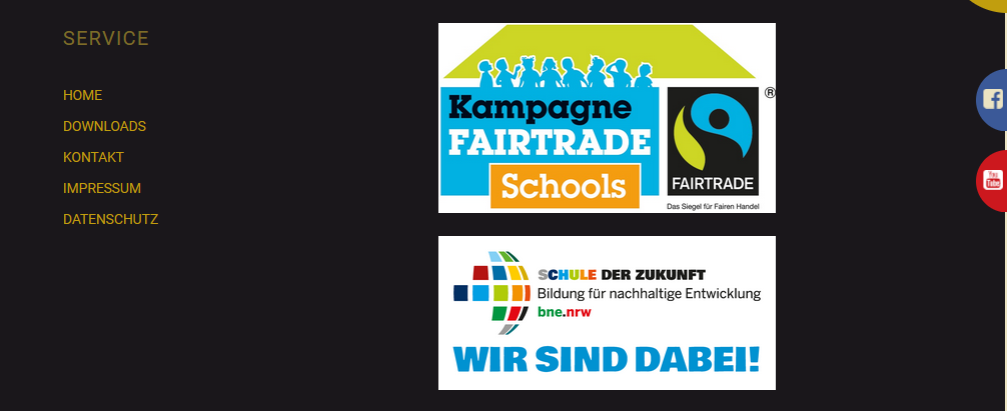 Man sieht links die Adresse, daneben die Themenbereiche, dann den Service und ganz rechts das Fairtrade Logo sowie das 